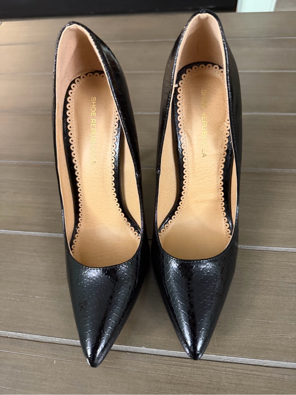 Shoe Republic LA Black Pointed-Toe Patent Pumps
